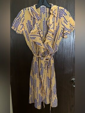 Tucker Yellow Wrap Mini Dress with Blue Dot Print